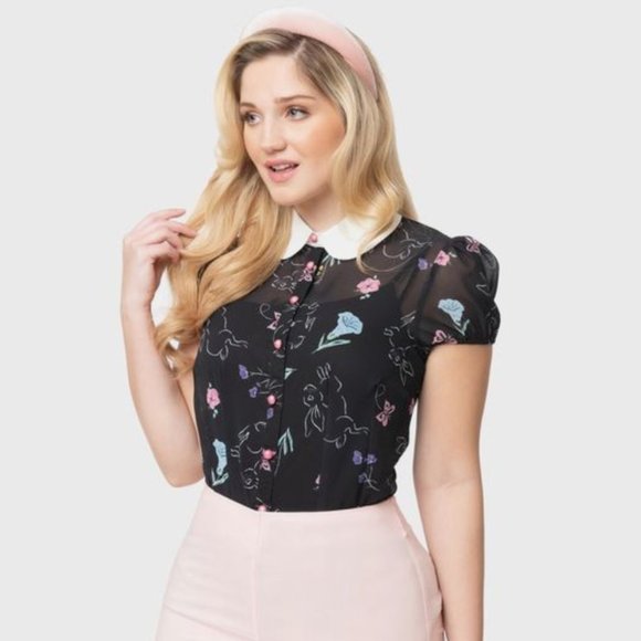 Hell Bunny Tops - Hell Bunny Delicate Blouse with Bunnies & Blooms, Peter Pan Collar, Medium